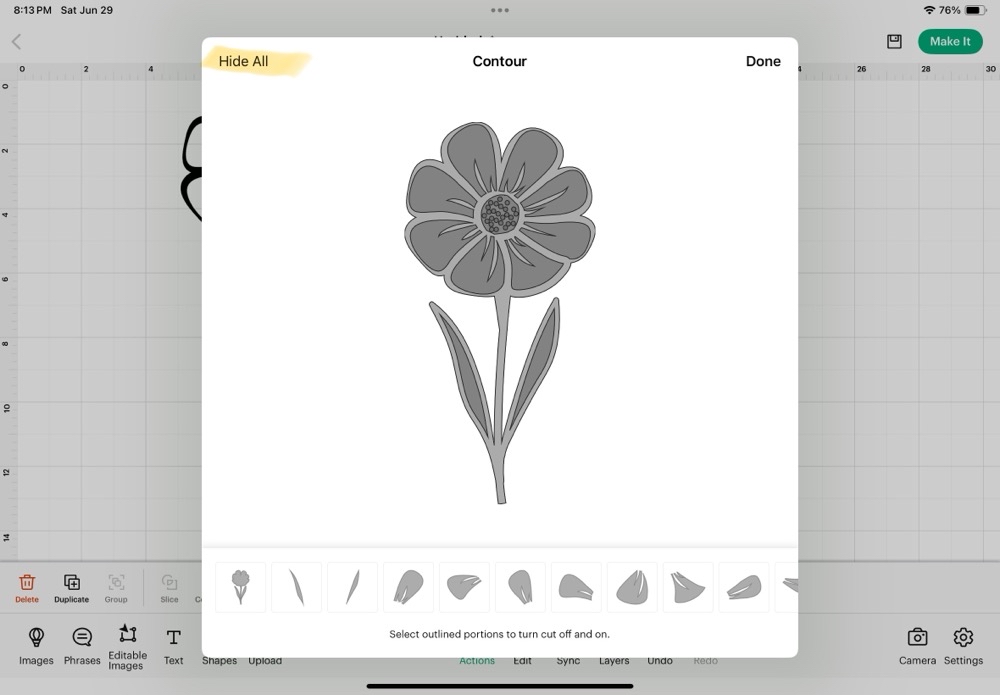Pop-up box showing the Contour function with the “Hide All” option highlighted.
