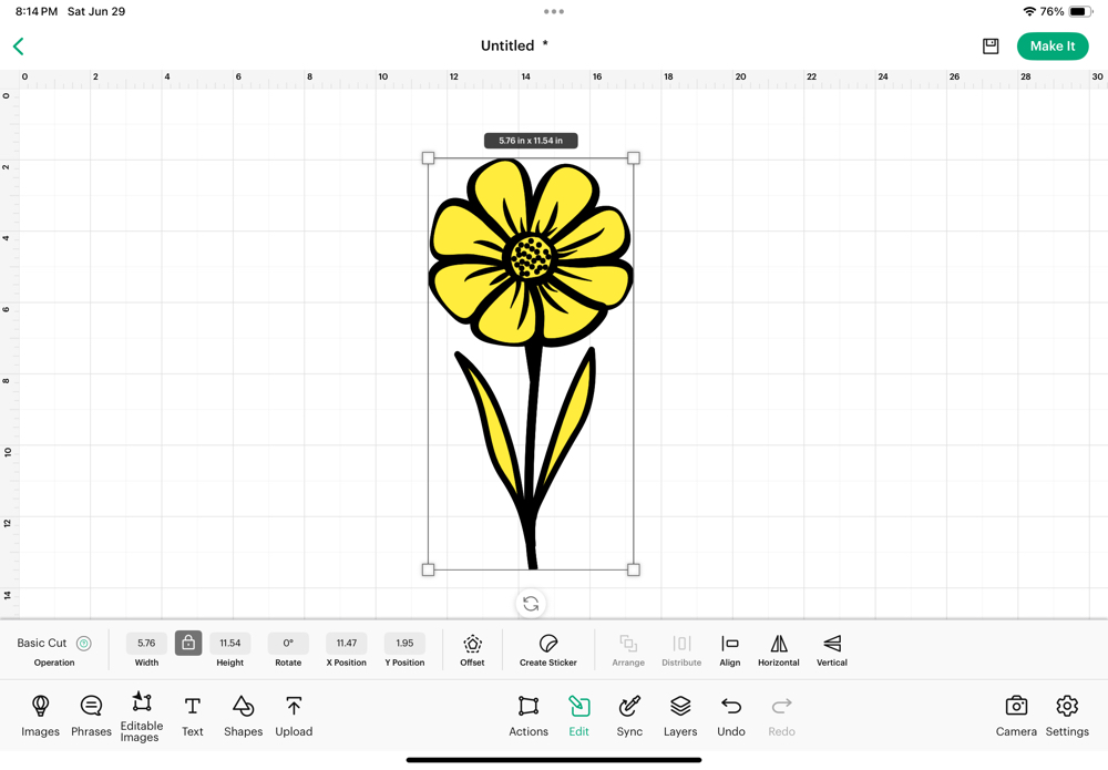 Screenshot of the finished floral design grouped together in Cricut Design Space ready to be resized to fit our card front.