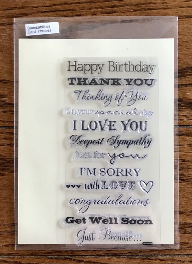 Photo of the stamp set used in one of the cards for today’s project from Stampabilities Card Phrases set.