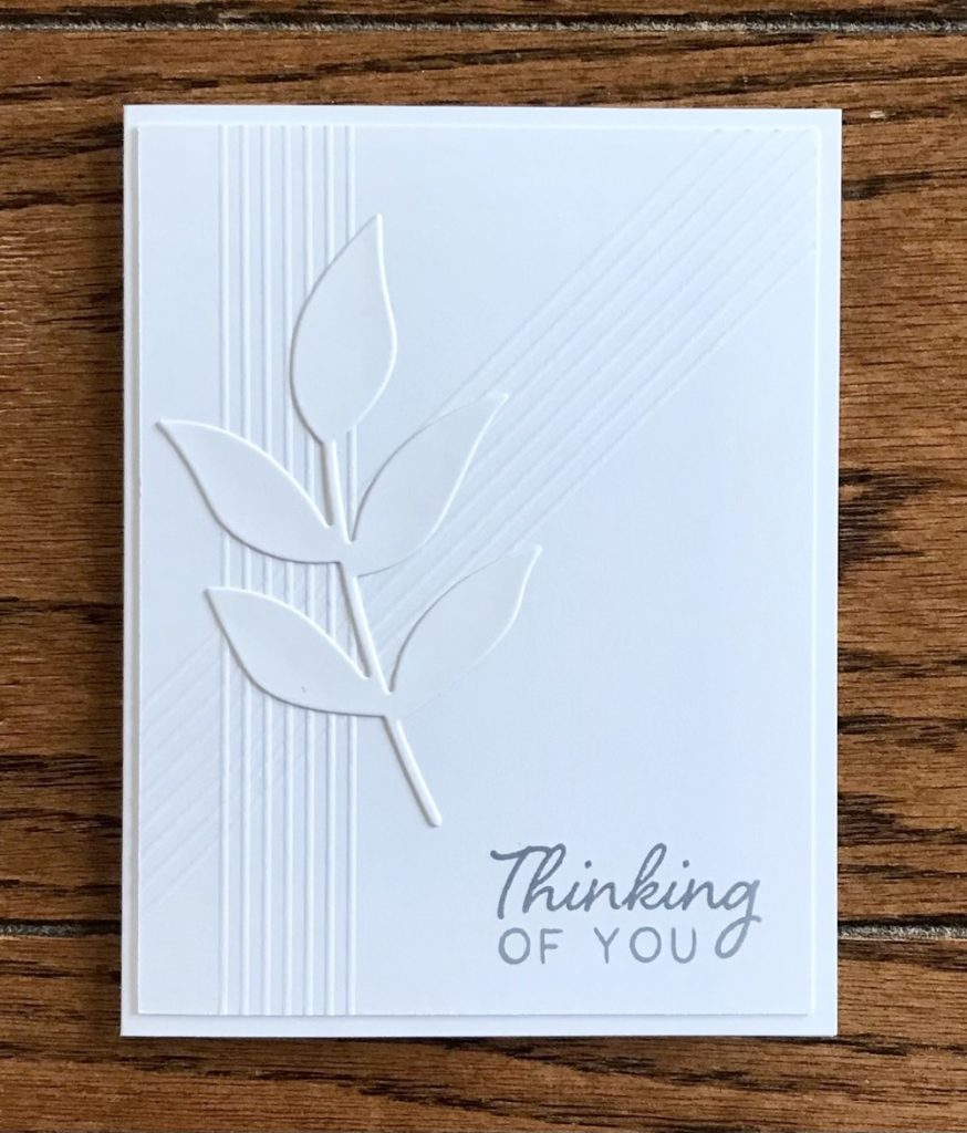 Photo of the last card made for today’s post featuring score lines from the Martha Stewart score board, and a single leaf brand die cut from the Brass & Bliss die set. 