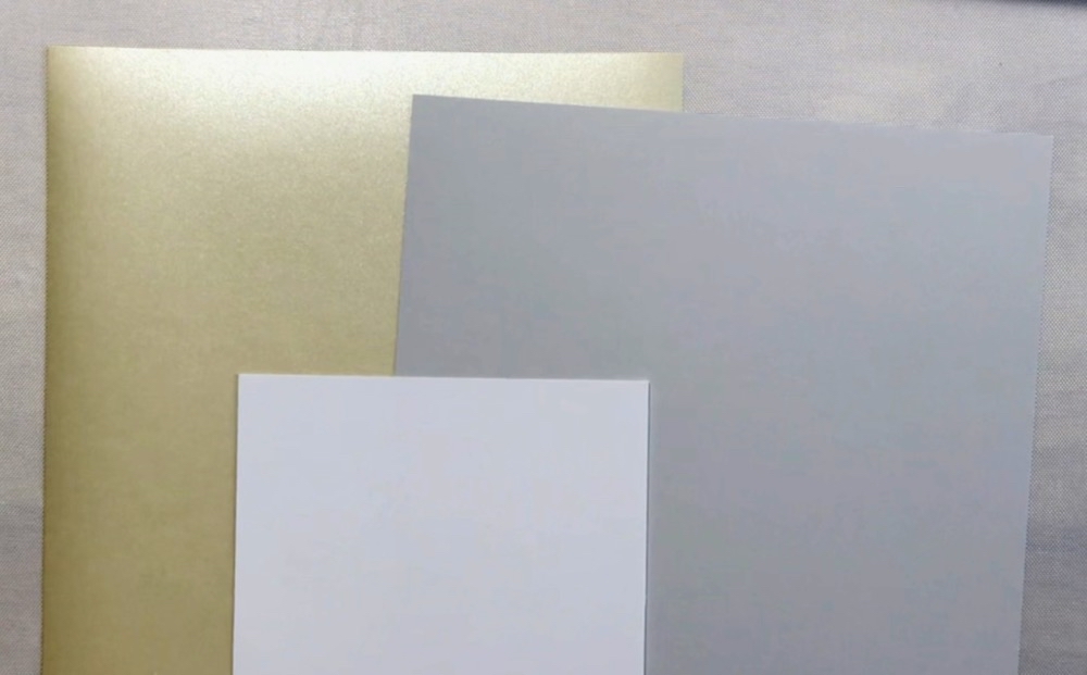 Photo of the two possible choices for today’s card, Champagne shimmer card from Recollections, and Classic Crest Antique Gray. 