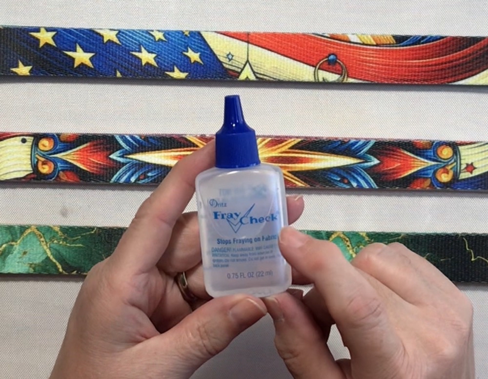 Photo of the bottle of Dritz Fray Check I used on the ends of the polyester webbing used in today's How to Sublimate Wristlet Keychains post.