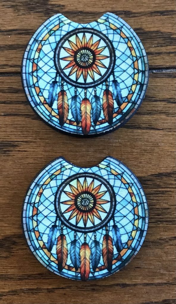 Photo showing a set of two Dream Catcher car coasters made for today's How to Sublimate Neoprene Car Coasters post.