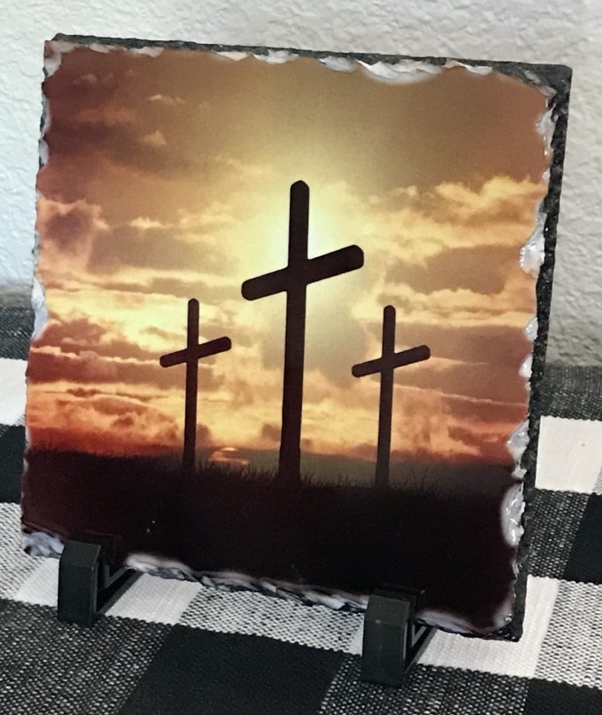 Photo of the finished Make Market slate tile with the included stand. 