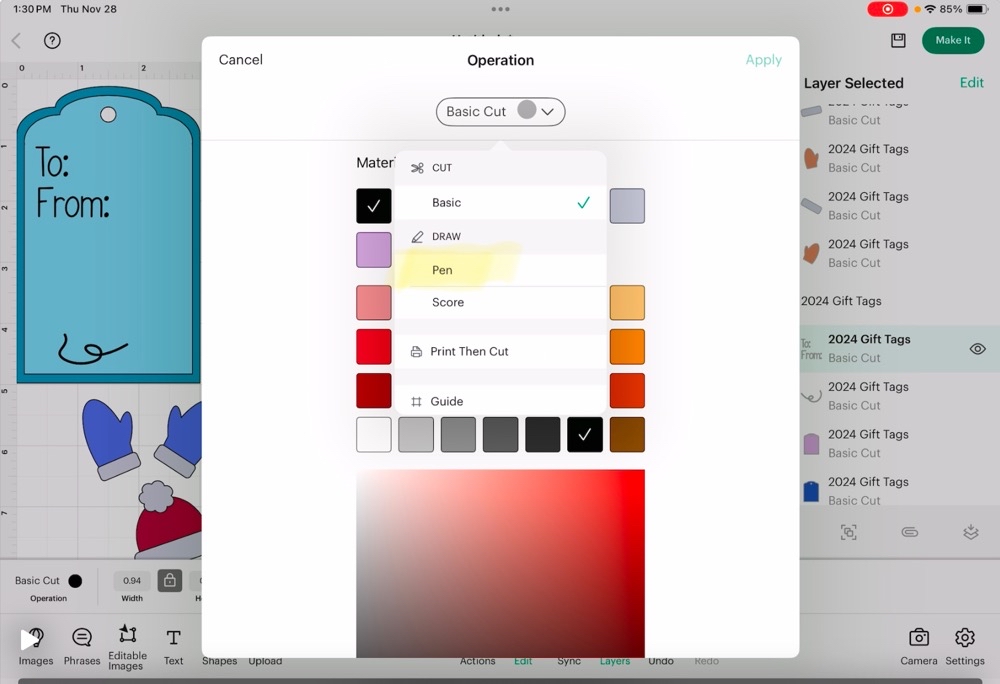 Screenshot of Cricut Design Space showing how to change a font from a basic cut to the pen feature so the Cricut machine will write your message.