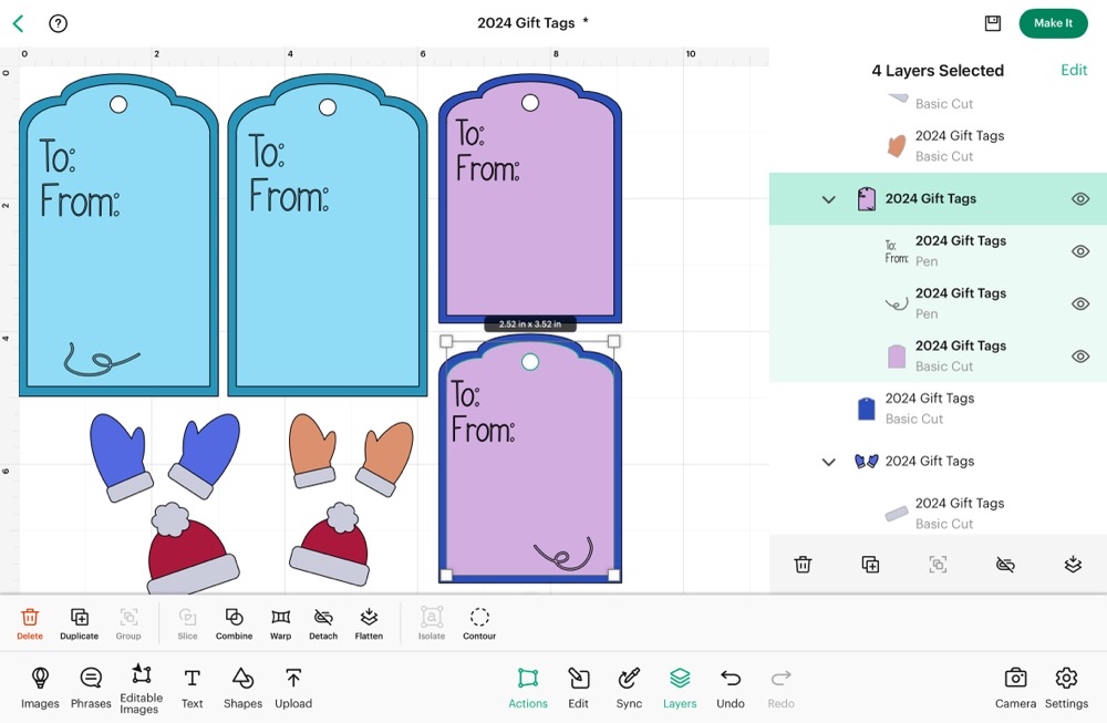 Screenshot in Cricut Design Space showing the writing and top tag layer being attached so the Cricut will know where to write. 