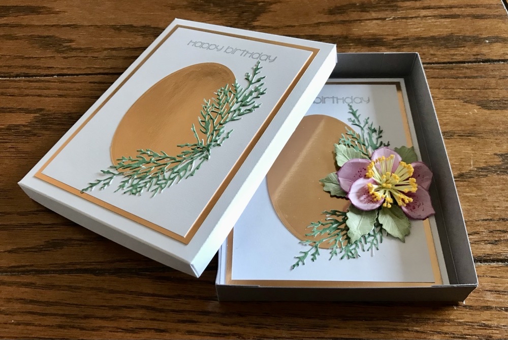 Photo showing my 3D Christmas Rose Birthday card fitting perfectly inside the box made for today's How to Make Custom Size Boxes post as well as the partially decorated box top.