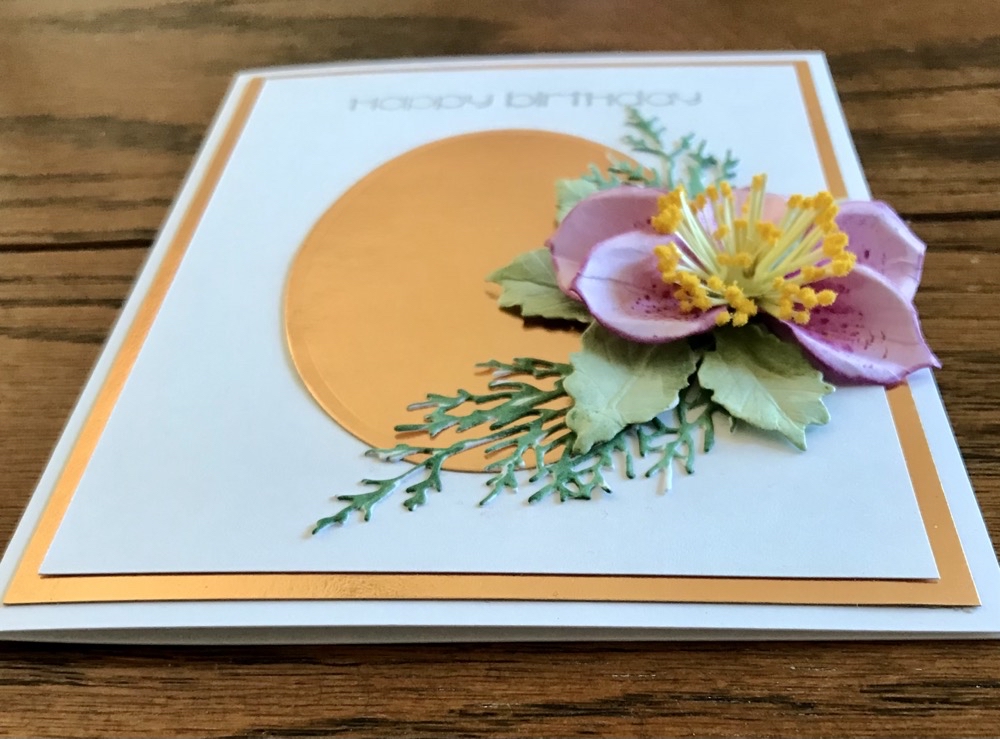 Side view of the finished card showing the dimension of the Christmas Rose flower.