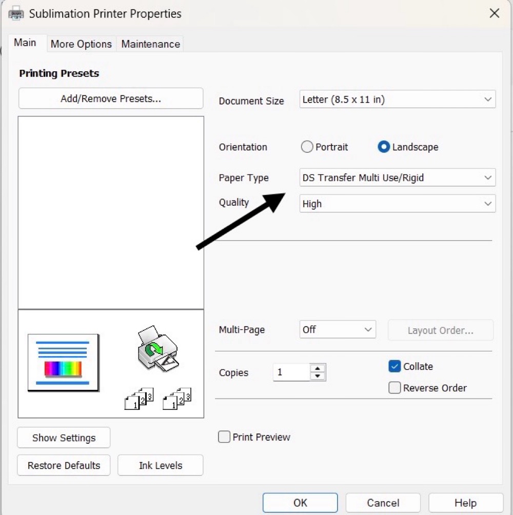 Screenshot of the Printer Properties menu for my Epson SureColor F170 Sublimation printer showing the Paper Type Options as well as the Print Quality for today's Perfect 15oz Cricut Mugs with My Canva Template post.
