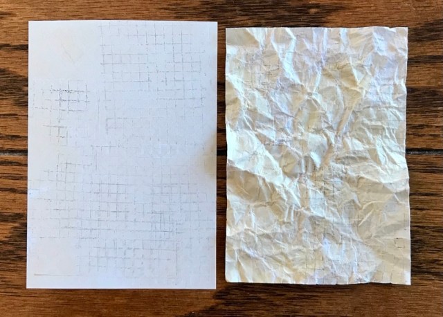 Photo of the first sheet of paper made for today's How to Create Textured Paper with Mamigami post. The left side is a piece from the original sheet and the right side is after.
