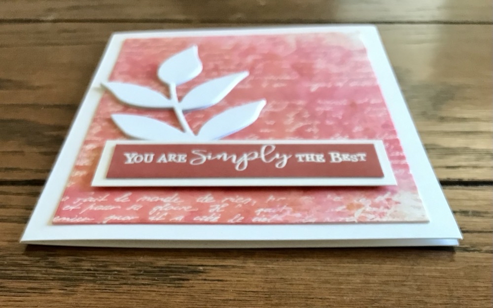 Photo showing the dimension achieved by using Thin 3D Foam squares under the sentiment strip for today's Photo of the exclusive Rubbernecker Stamps (now Brass & Bliss) Organic stamp set used for the sentiment on the Ink Smooshing with 3 Unexpected Colors card. project.