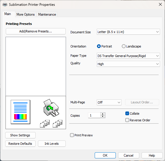 Screen shot of the Epson SureColor F170 printer menu with the paper type and print Quality