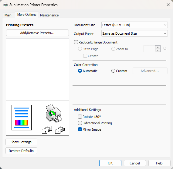 Screen shot showing that the bidirectional setting is turned off and mirror is still turned on