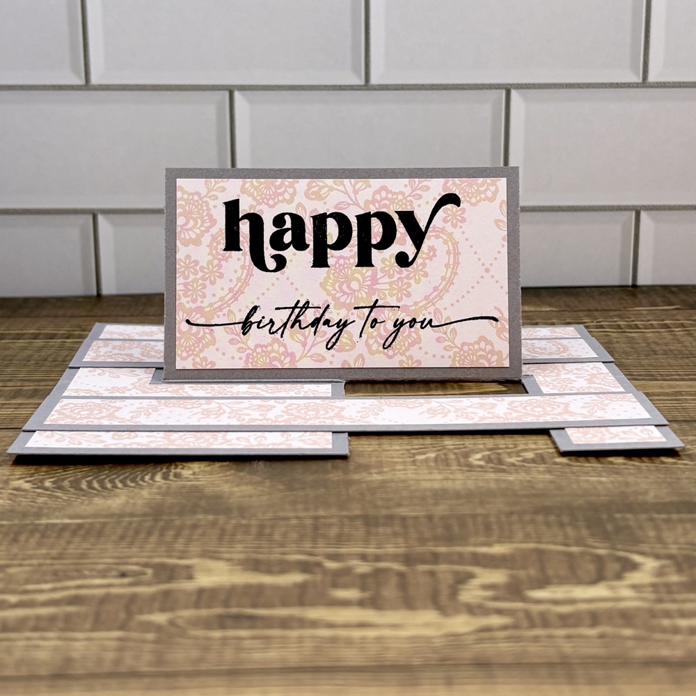 Photo of the finished Impossible Birthday Card Made Easy for the 2026 Spring CMSS.
