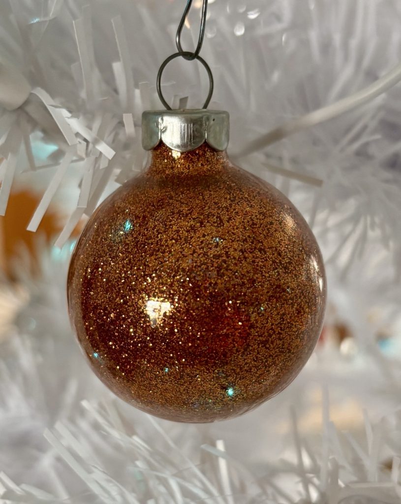 Current photo of glitter ornaments for today's Flashback Friday Three Years Later post featuring copper colored glitter.