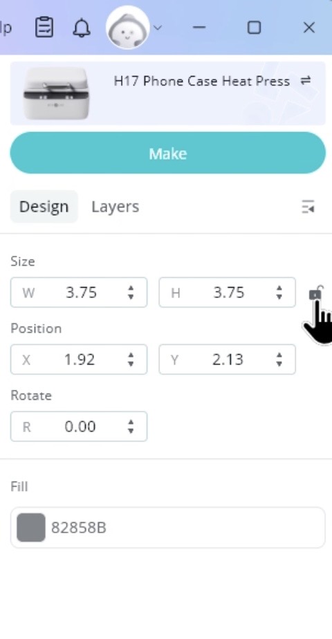 Photo showing where to find the aspect ratio lock to be able to manipulate a square into a rectangle for today's Interlocking Hearts Phone Case with the HTVRont Press post.