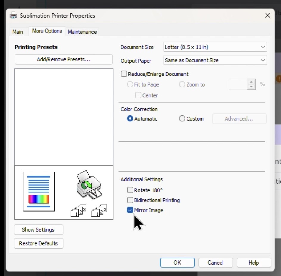 Screen shot of the second print preview window for the Epson SureColor F170 Sublimation Printer to made sure Bidirectional printing is off and mirror image is on.