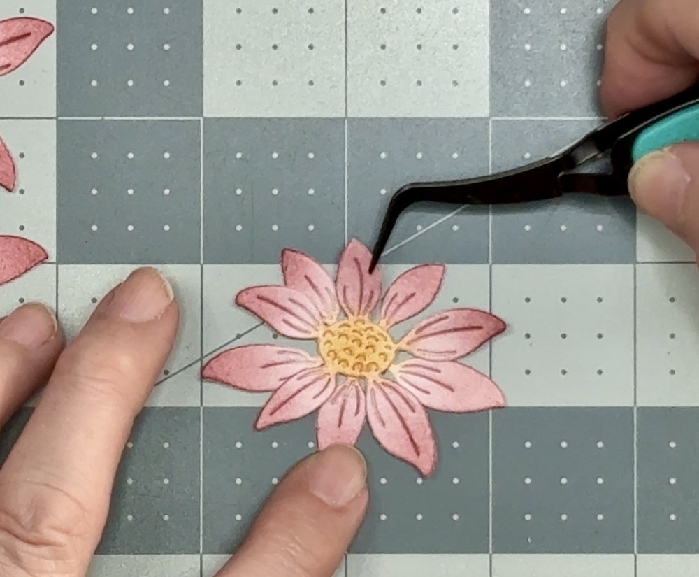 Screen shot showing how I put the Etched Layered Daisy flower together with Bearly Art craft glue.
