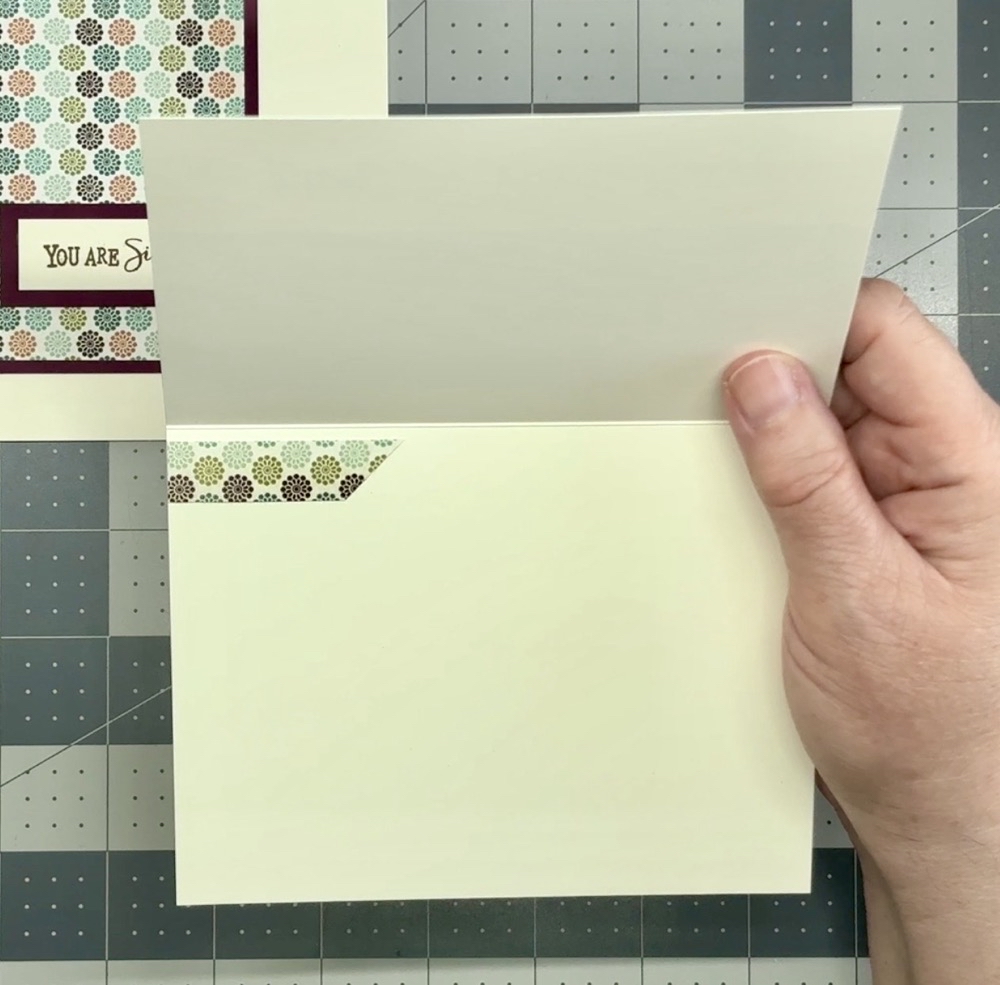 Screen shot showing another way to trim the extra piece of pattern paper to decorate the inside of the card for today's 6x6 One Sheet Wonder: Two Card Sets post.