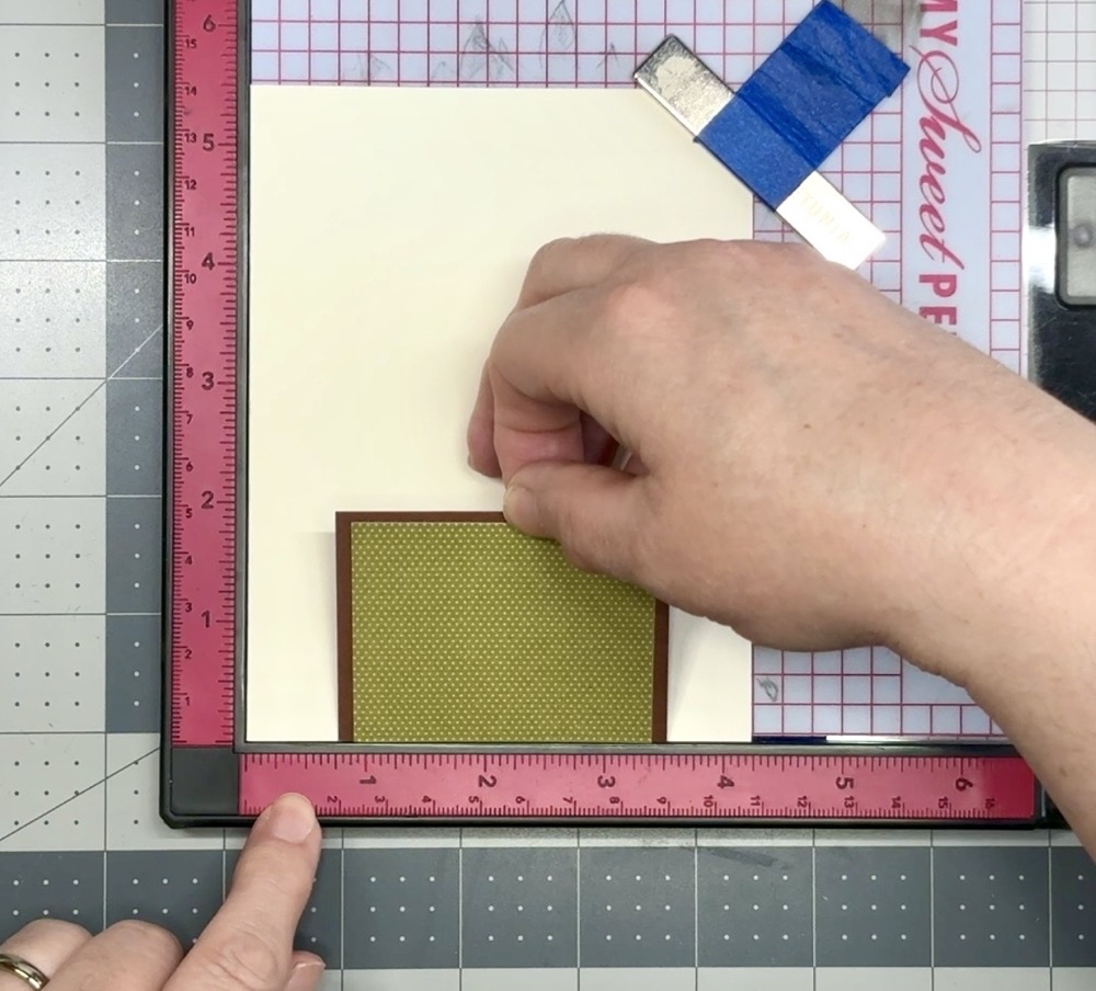 Screen shot showing how I again use the Misit stamping tool for perfect placement of the pattern paper and mat with the card base for today’s 6x6 One Sheet Wonder: Two Card Sets post.