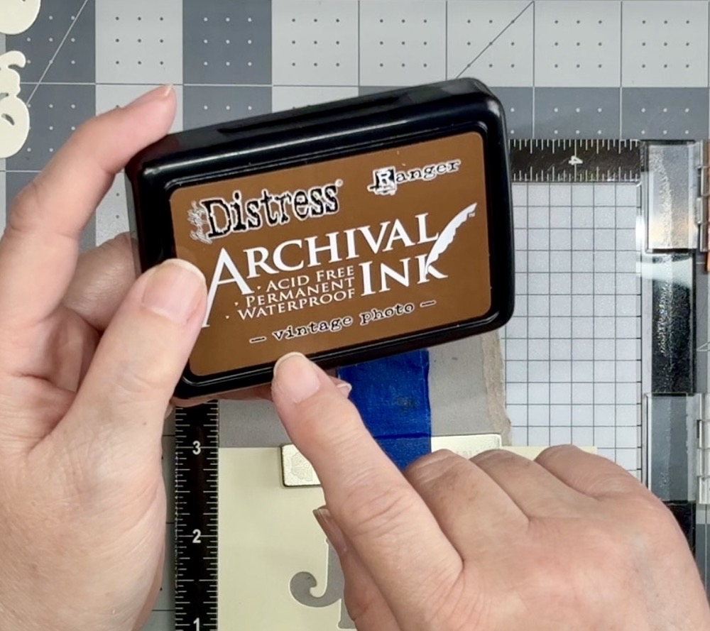 Photo of the Distress Archival ink in Vintage Photo used to stamp all of the sentiments for today's projects. 