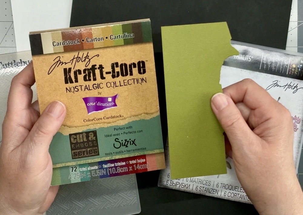 Photo of a scrap piece of Tim Holtz Kraft-Core cardstock by Core-dinations used in todayโs first example card.