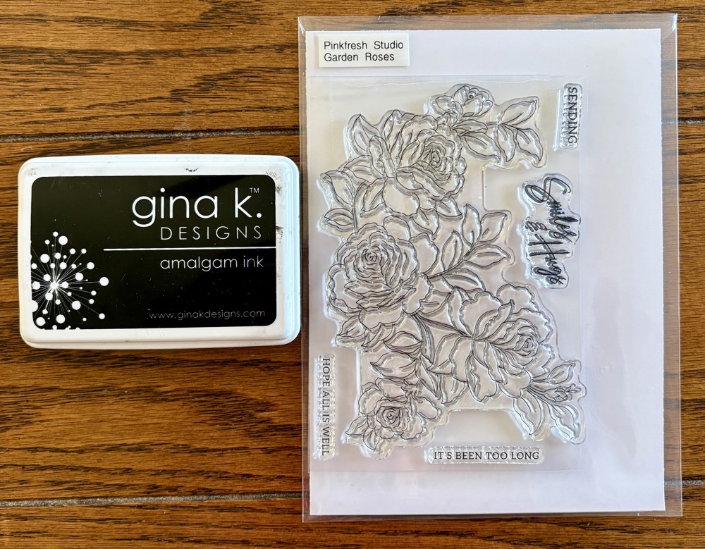 Photo of the Pinkfresh Studio Garden Roses stamp set and Gina K Designs amalgam ink used to create the sentiment for today’s card.