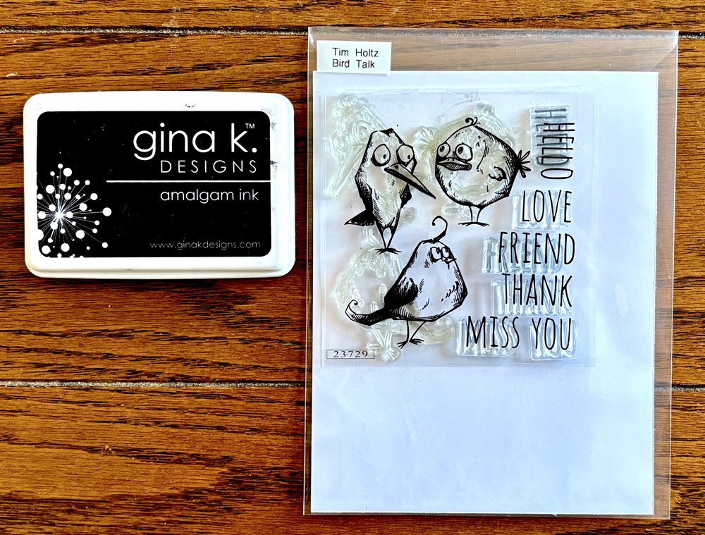 Photo showing the Tim Holz Bird Talk stamp set and Gina K Designs amalgam ink used for the second card in today’s post. 