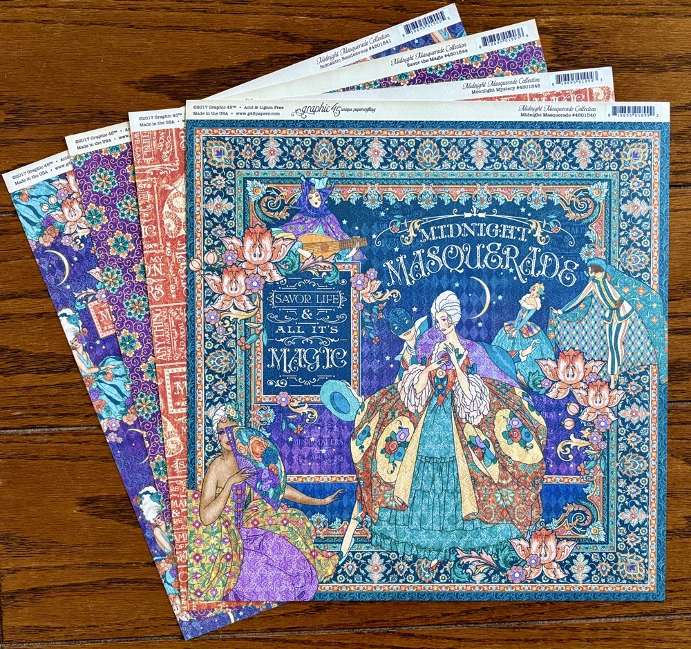 Photo showing the Midnight Masquerade pattern paper used to create the second card for today’s project.