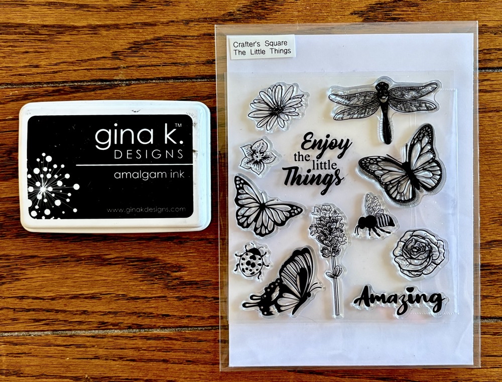 Photo of the Crafter’s Square stamp set The Little Things and Gina K Designs amalgam ink used to create the sentiment for all four cards of today’s post.