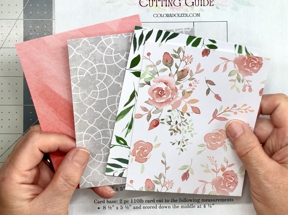 Photo of the four pieces of pattern paper used to create today’s cards pulled from the Sage Park paper pad from Recollections. 
