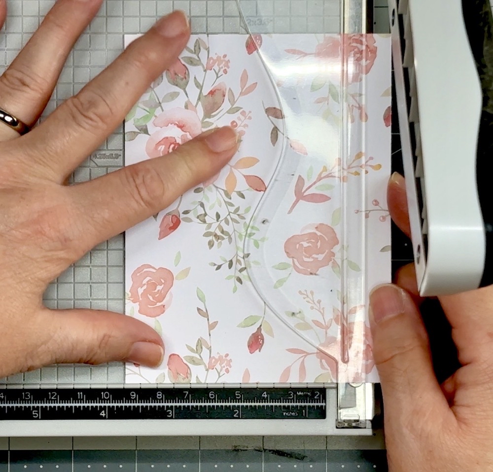 Screen shot showing the stack of pattern paper being cut to a finished size of 3 ¾” wide for today’s Stack Cut and Shuffle Cards Made Easy post.