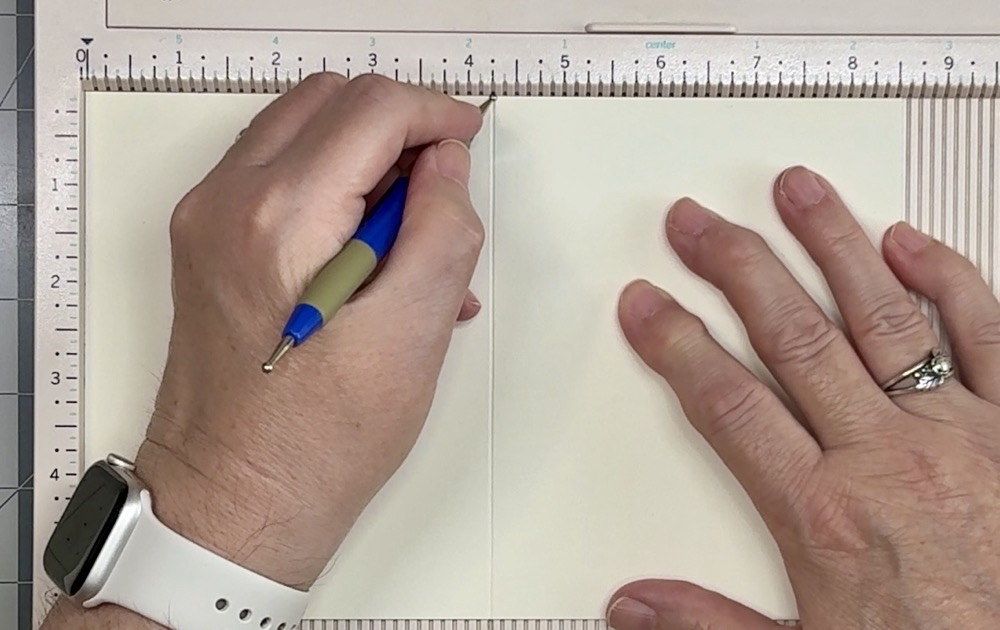 Screen shot showing scoring the card base at 4.25” for today’s How to Make a Diagonal Joy Fold Card: Easy Step-by-Step Tutorial post.