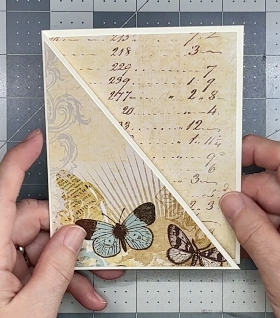 Screen shot showing the card base with both pattern papers adhered to the card base for today’s How to Make a Diagonal Joy Fold Card: Easy Step-by-Step Tutorial project.