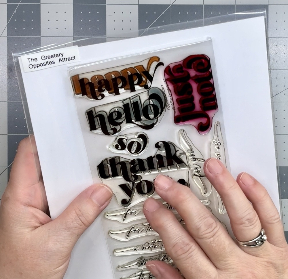 Screen shot showing the Opposites Attract stamp set from The Greetery that will be used to stamp the sentiment for today’s project.