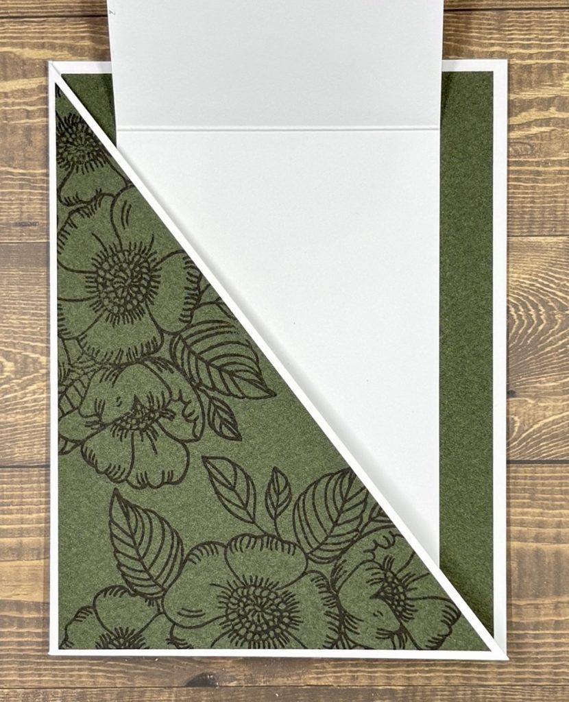 Photo showing the Joy Fold portion of the card open to expose the Thankful Flowers stamp set that was used to decorate the front diagonal fold of the card.