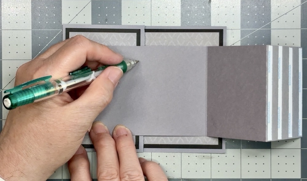 Screen shot showing how I add a pencil line to indicate where to apply tape for the front panel of the double z fold card, so I don’t glue the card together.