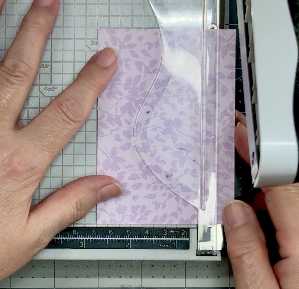 Screen shot showing cutting the first scrap of pattern paper to a width of 2.75” for the front flap of today’s card project.