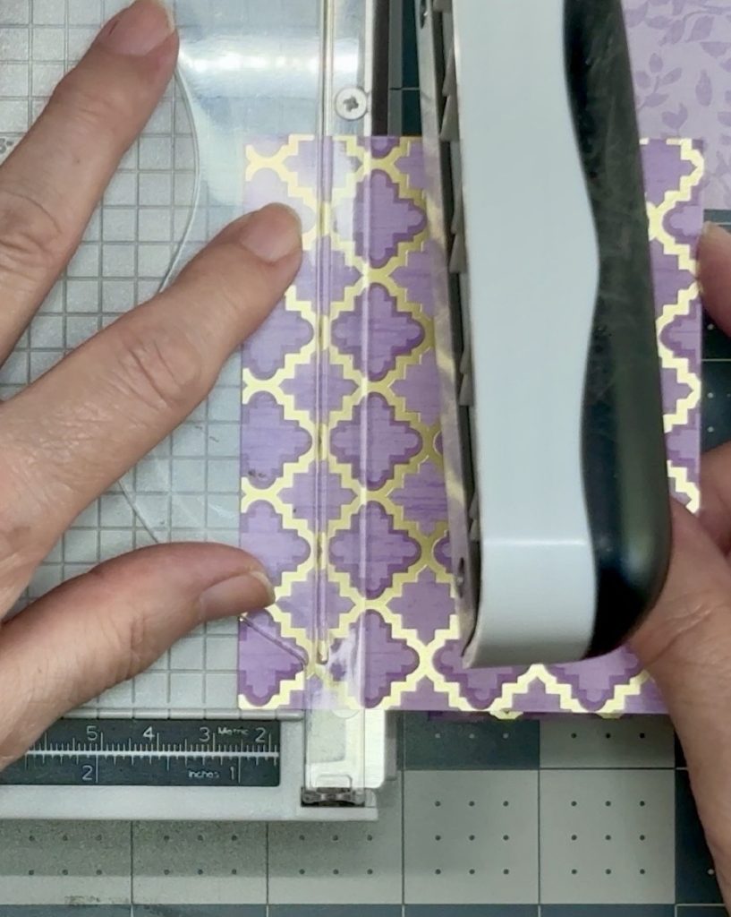 Screen shot showing cutting the second piece of pattern paper to a width of 1” for the side panels of our fun fold card.