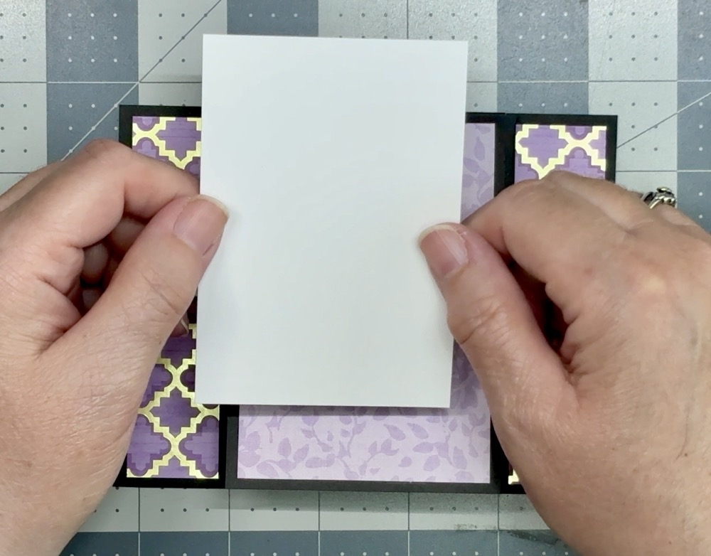 Screen shot showing a piece of white cardstock cut to 2.75” x 4” to glue inside the black cardstock to write your message to the recipient of the Front Flip Fun Fold Card.