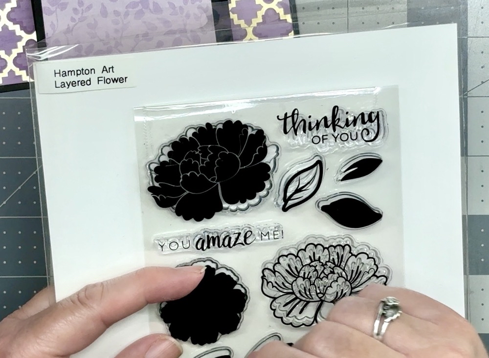 Screen shot showing the Hampton Art Layered Flower stamp set used for the sentiment on the first Fun Fold card of today’s post.