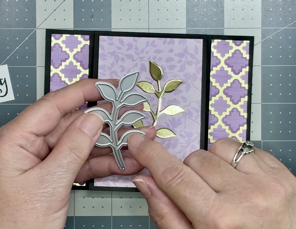 Screen shot showing the Paper Rose Leafy Brand die used to decorate the front of our first card. 
