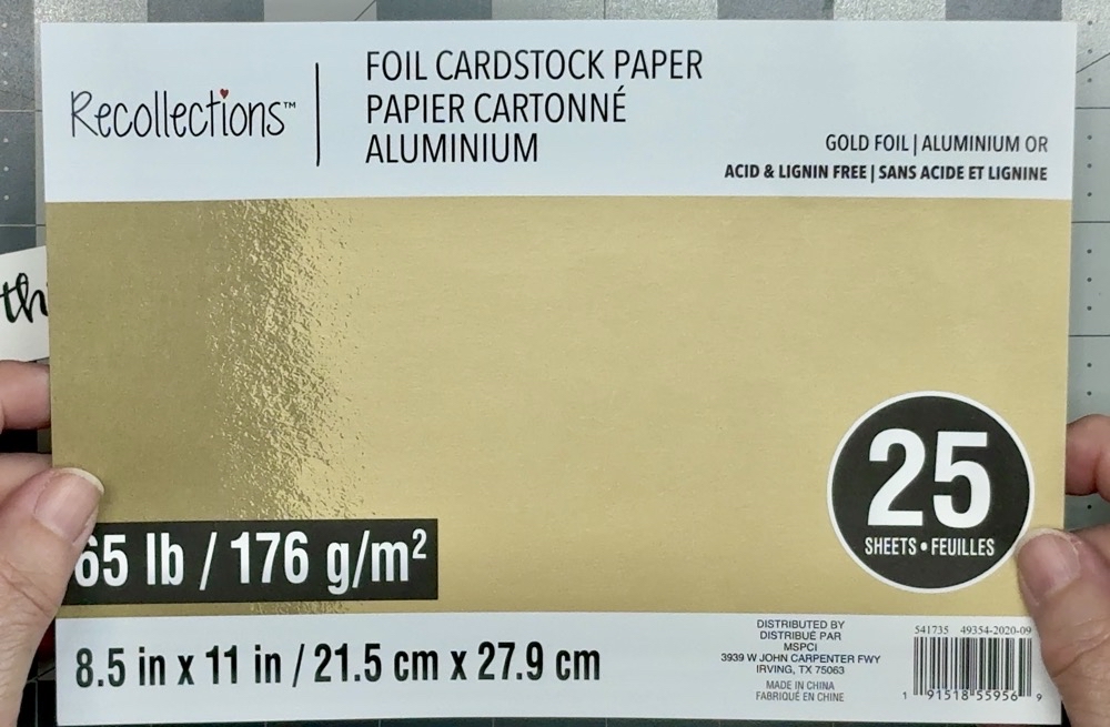 Screen shot showing the label of the Recollections Gold Foil Cardstock paper used to decorate the front of our Fun Fold card.