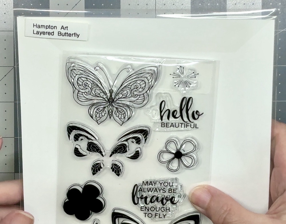 Screen shot showing the Hampton Arts Layered Butterfly stamp set used for the Hello Beautiful sentiment for the third card in today’s How to Make a Front Flip Fun Fold Card project.