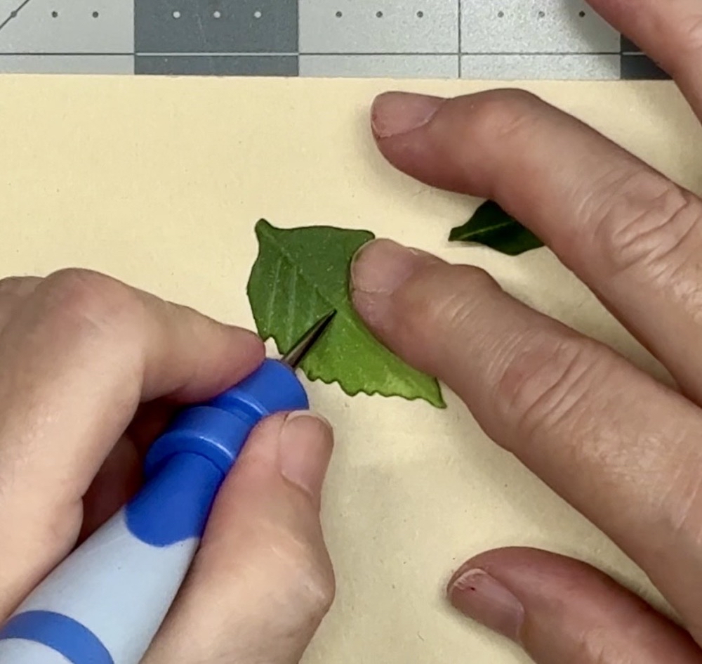 Screen shot showing the third step in shaping the leaf by drawing in the veins with the leaf tool.