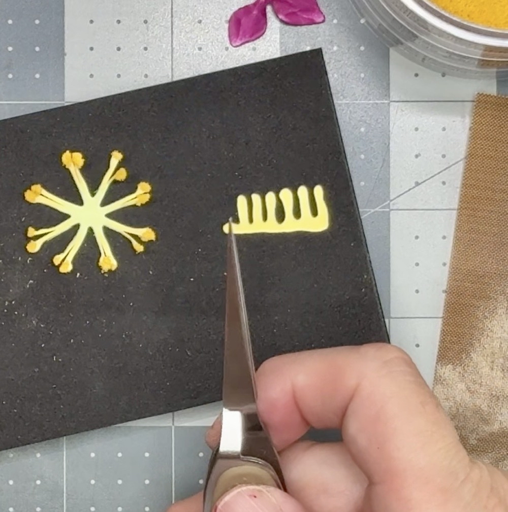 Screen shot showing how to hold the very center of the Helleborus flower center to form it into a roll. 