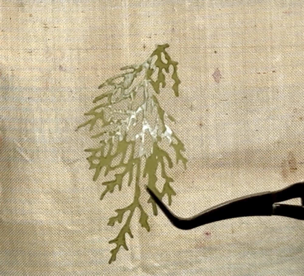 Screen show showing the amount of glue added to the back of the branch by dabbing into glue on the Teflon mat for today’s Easy 18 Christmas Cards from One Sheet project.