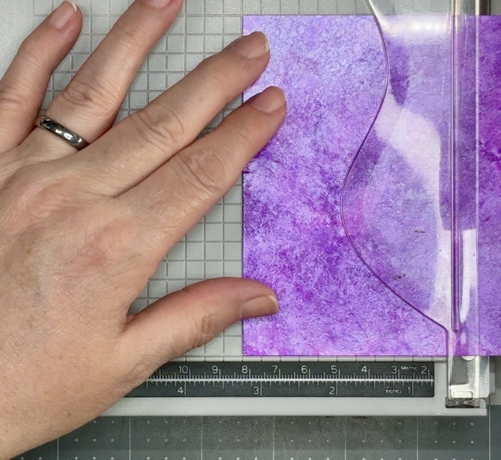 Screen shot showing trimming the Alcohol inked panel down to 3 ¼” wide.