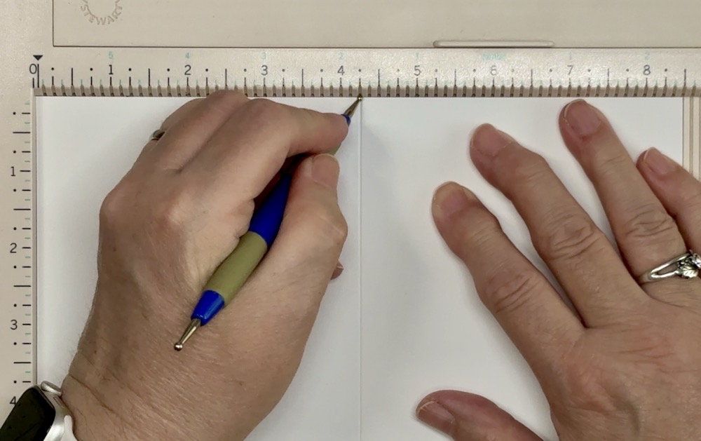 Screen shot showing the card base being scored at 4 ¼” for today’s Make a Beautiful Card from Paper Scraps project.