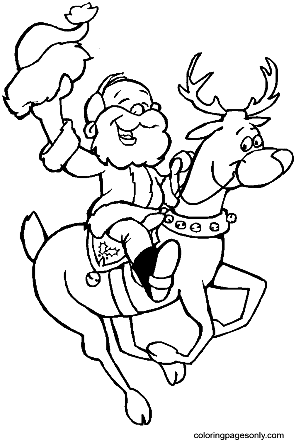 Santa claus riding reindeer coloring page